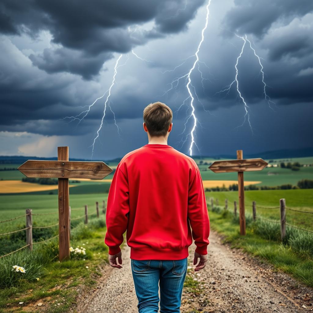 A man in his thirties with short brown hair, wearing a bright red sweatshirt and blue jeans, walks with his back facing the viewer at a country crossroad