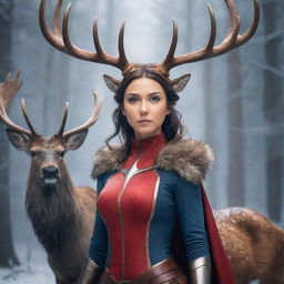 Anime style image of a unique female superhero with deer and moose antlers atop her head, she wields a magical wand as her weapon. She is accompanied by her superpower animal, a majestic deer, aiding her in her heroic deeds