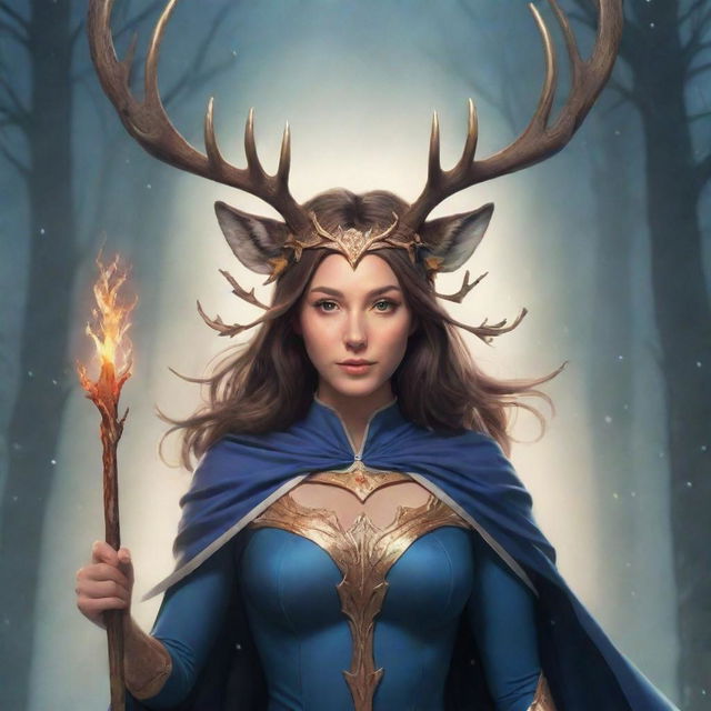 An anime style depiction of a female superhero adorned with deer and moose antlers on her head, wielding a long magic wand. With her is her spirit animal, a magnificent mystic deer, exhibiting her superpowers