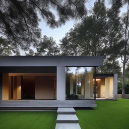 A modern exterior design of a house, showcasing clean lines, geometric shapes, and mix of materials like glass, steel, and concrete, in a serene, landscaped setting