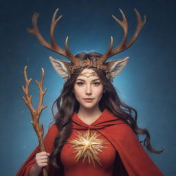 An anime style depiction of a female superhero adorned with deer and moose antlers on her head, wielding a long magic wand. With her is her spirit animal, a magnificent mystic deer, exhibiting her superpowers