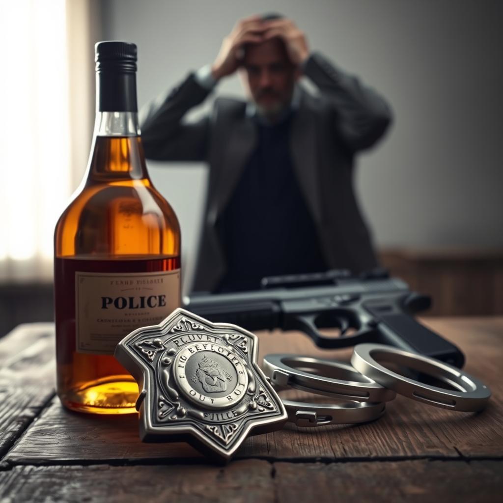 A polished police badge, an amber liquor bottle, a service gun, and handcuffs arranged neatly on a rustic wooden surface