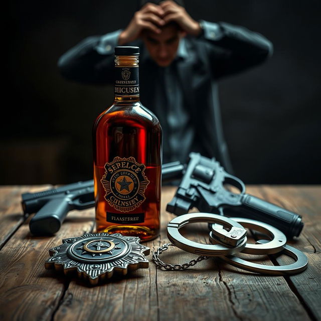 A polished police badge, an amber liquor bottle, a service gun, and handcuffs arranged neatly on a rustic wooden surface