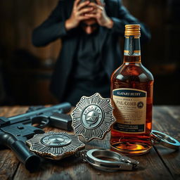 A polished police badge, an amber liquor bottle, a service gun, and handcuffs arranged neatly on a rustic wooden surface