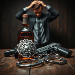 A polished police badge, an amber liquor bottle, a service gun, and handcuffs arranged neatly on a rustic wooden surface