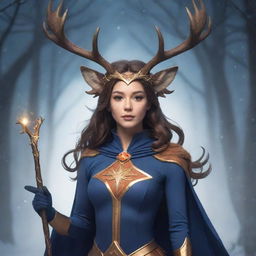 An anime style depiction of a female superhero adorned with deer and moose antlers on her head, wielding a long magic wand. With her is her spirit animal, a magnificent mystic deer, exhibiting her superpowers