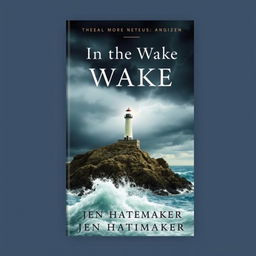 A captivating book cover design for 'In the Wake' by Jen Hatmaker, featuring a distant view of a lighthouse standing resolutely on a rocky cliff during a dramatic storm