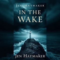 A captivating book cover design for 'In the Wake' by Jen Hatmaker, featuring a distant view of a lighthouse standing resolutely on a rocky cliff during a dramatic storm