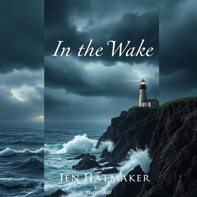 A captivating book cover design for 'In the Wake' by Jen Hatmaker, featuring a distant view of a lighthouse standing resolutely on a rocky cliff during a dramatic storm