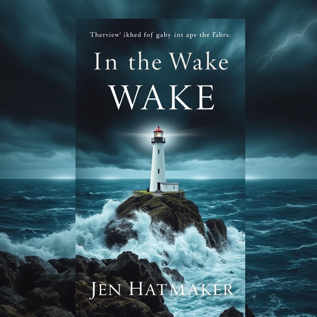 A captivating book cover design for 'In the Wake' by Jen Hatmaker, featuring a distant view of a lighthouse standing resolutely on a rocky cliff during a dramatic storm