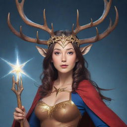 An anime style depiction of a female superhero adorned with deer and moose antlers on her head, wielding a long magic wand. With her is her spirit animal, a magnificent mystic deer, exhibiting her superpowers