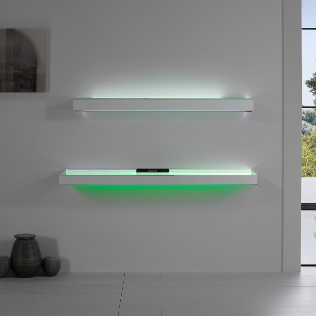 A sleek and modern TV unit featuring minimalist design, clean lines, glass shelves, and a high-gloss finish. The unit is finished in white color and includes built-in LED lights.