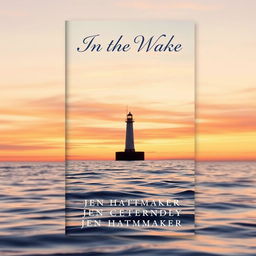 A visually striking book cover design for 'In the Wake' by Jen Hatmaker, featuring a distant lighthouse captured on a serene horizon