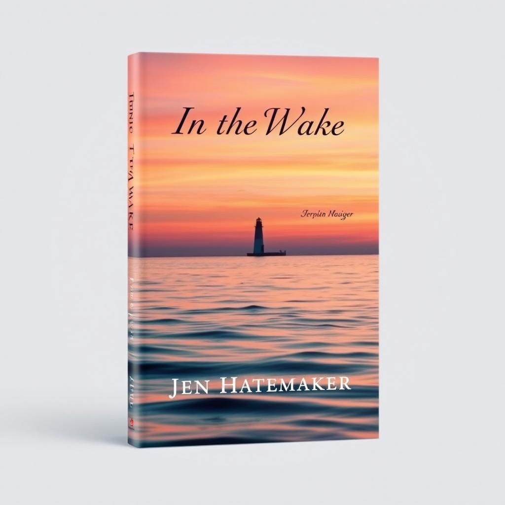 A visually striking book cover design for 'In the Wake' by Jen Hatmaker, featuring a distant lighthouse captured on a serene horizon