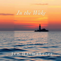 A visually striking book cover design for 'In the Wake' by Jen Hatmaker, featuring a distant lighthouse captured on a serene horizon