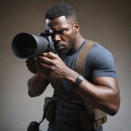 Illustrate a hero, armed with a professional camera as his tool of choice. He is poised for action, capturing justice through the lens. The scene suggests a melding of action, courage, and creativity.