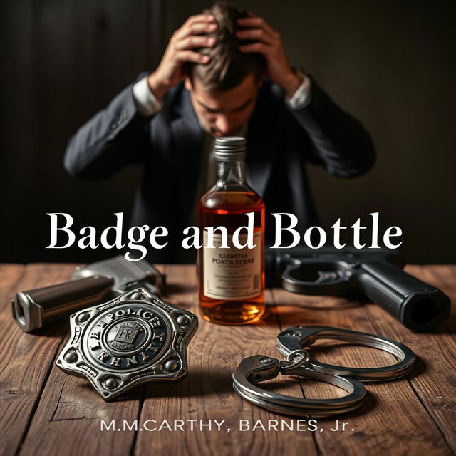 A polished police badge, an amber liquor bottle, a service gun, and handcuffs arranged thoughtfully on a rustic wooden surface