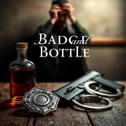 A polished police badge, an amber liquor bottle, a service gun, and handcuffs arranged thoughtfully on a rustic wooden surface