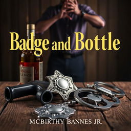 A polished police badge, an amber liquor bottle, a service gun, and handcuffs arranged thoughtfully on a rustic wooden surface