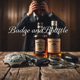 A polished police badge, an amber liquor bottle, a service gun, and handcuffs arranged thoughtfully on a rustic wooden surface