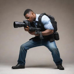 Illustrate a hero, armed with a professional camera as his tool of choice. He is poised for action, capturing justice through the lens. The scene suggests a melding of action, courage, and creativity.