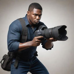 Illustrate a hero, armed with a professional camera as his tool of choice. He is poised for action, capturing justice through the lens. The scene suggests a melding of action, courage, and creativity.