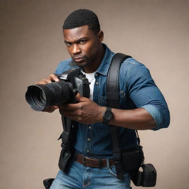 Illustrate a hero, armed with a professional camera as his tool of choice. He is poised for action, capturing justice through the lens. The scene suggests a melding of action, courage, and creativity.