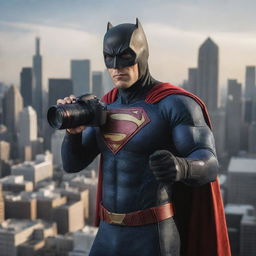 Create an image of a distinct superhero, his signature tool being a professional camera. He is ready for action, showcasing how he captures justice through the lens amidst a thrilling cityscape