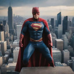 Create an image of a distinct superhero, his signature tool being a professional camera. He is ready for action, showcasing how he captures justice through the lens amidst a thrilling cityscape