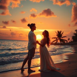 A breathtaking landscape showcasing an unforgettable love story, set during a vibrant sunset over a tranquil beach