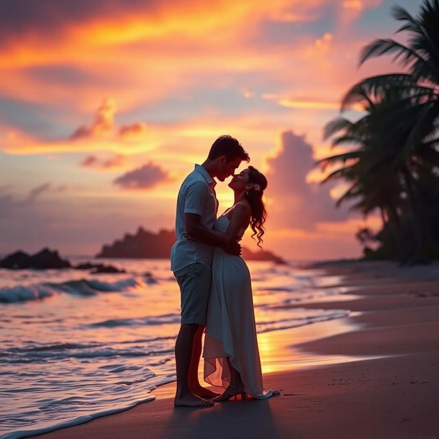 A breathtaking landscape showcasing an unforgettable love story, set during a vibrant sunset over a tranquil beach