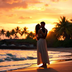 A breathtaking landscape showcasing an unforgettable love story, set during a vibrant sunset over a tranquil beach