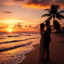 A breathtaking landscape showcasing an unforgettable love story, set during a vibrant sunset over a tranquil beach