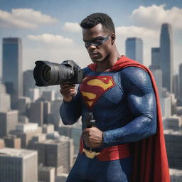 Create an image of a distinct superhero, his signature tool being a professional camera. He is ready for action, showcasing how he captures justice through the lens amidst a thrilling cityscape