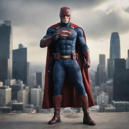 Design a dynamic image of an exclusive superhero, garbed in cameraman clothes and equipped with a high-end camera as his defining instrument. He's standing in a dramatic cityscape, ready to snap the action