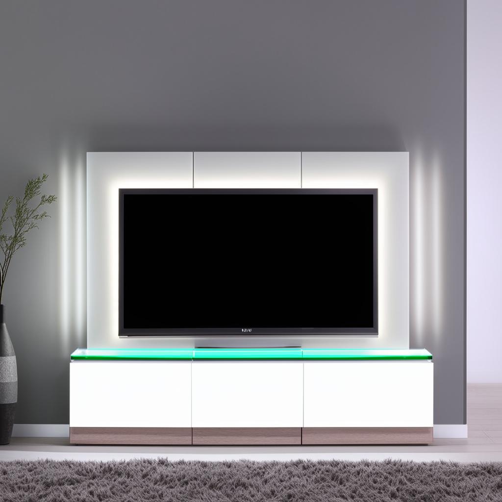 A sleek and modern TV unit featuring minimalist design, clean lines, glass shelves, and a high-gloss finish. The unit is finished in white color and includes built-in LED lights.