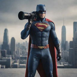 Design a dynamic image of an exclusive superhero, garbed in cameraman clothes and equipped with a high-end camera as his defining instrument. He's standing in a dramatic cityscape, ready to snap the action