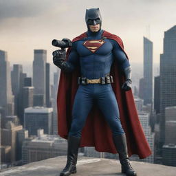 Design a dynamic image of an exclusive superhero, garbed in cameraman clothes and equipped with a high-end camera as his defining instrument. He's standing in a dramatic cityscape, ready to snap the action