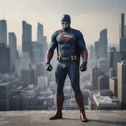 Design a dynamic image of an exclusive superhero, garbed in cameraman clothes and equipped with a high-end camera as his defining instrument. He's standing in a dramatic cityscape, ready to snap the action