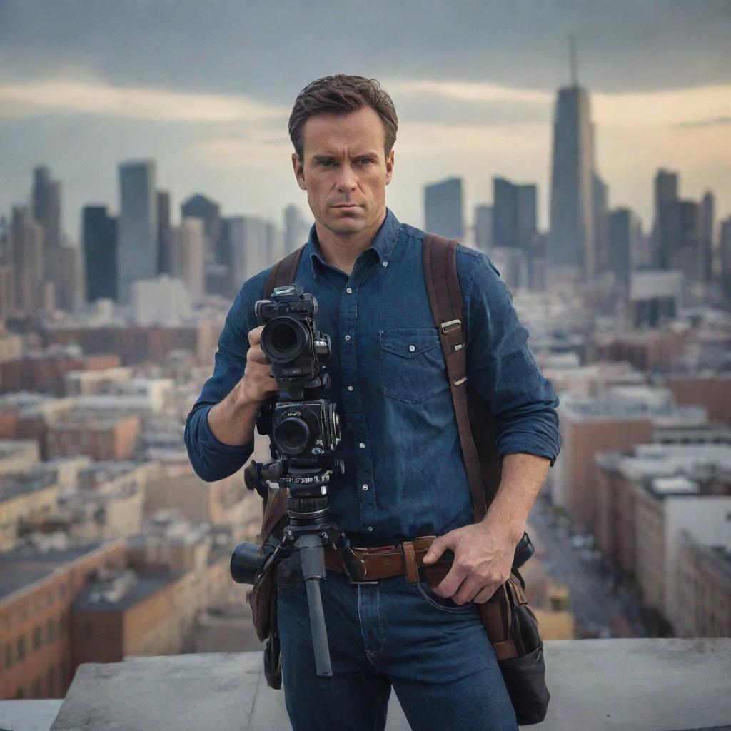 Generate an image of a valiant hero dressed in a distinctive cameraman attire, carrying a high-end camera. He stands in an action-packed cityscape, embodying both the spirit of vigilance and the art of photography