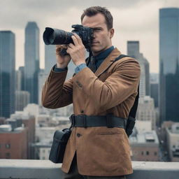 Generate an image of a valiant hero dressed in a distinctive cameraman attire, carrying a high-end camera. He stands in an action-packed cityscape, embodying both the spirit of vigilance and the art of photography