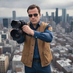 Generate an image of a valiant hero dressed in a distinctive cameraman attire, carrying a high-end camera. He stands in an action-packed cityscape, embodying both the spirit of vigilance and the art of photography