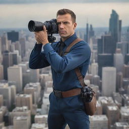 Generate an image of a valiant hero dressed in a distinctive cameraman attire, carrying a high-end camera. He stands in an action-packed cityscape, embodying both the spirit of vigilance and the art of photography