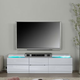 A sleek and modern TV unit featuring minimalist design, clean lines, glass shelves, and a high-gloss finish. The unit is finished in white color and includes built-in LED lights.