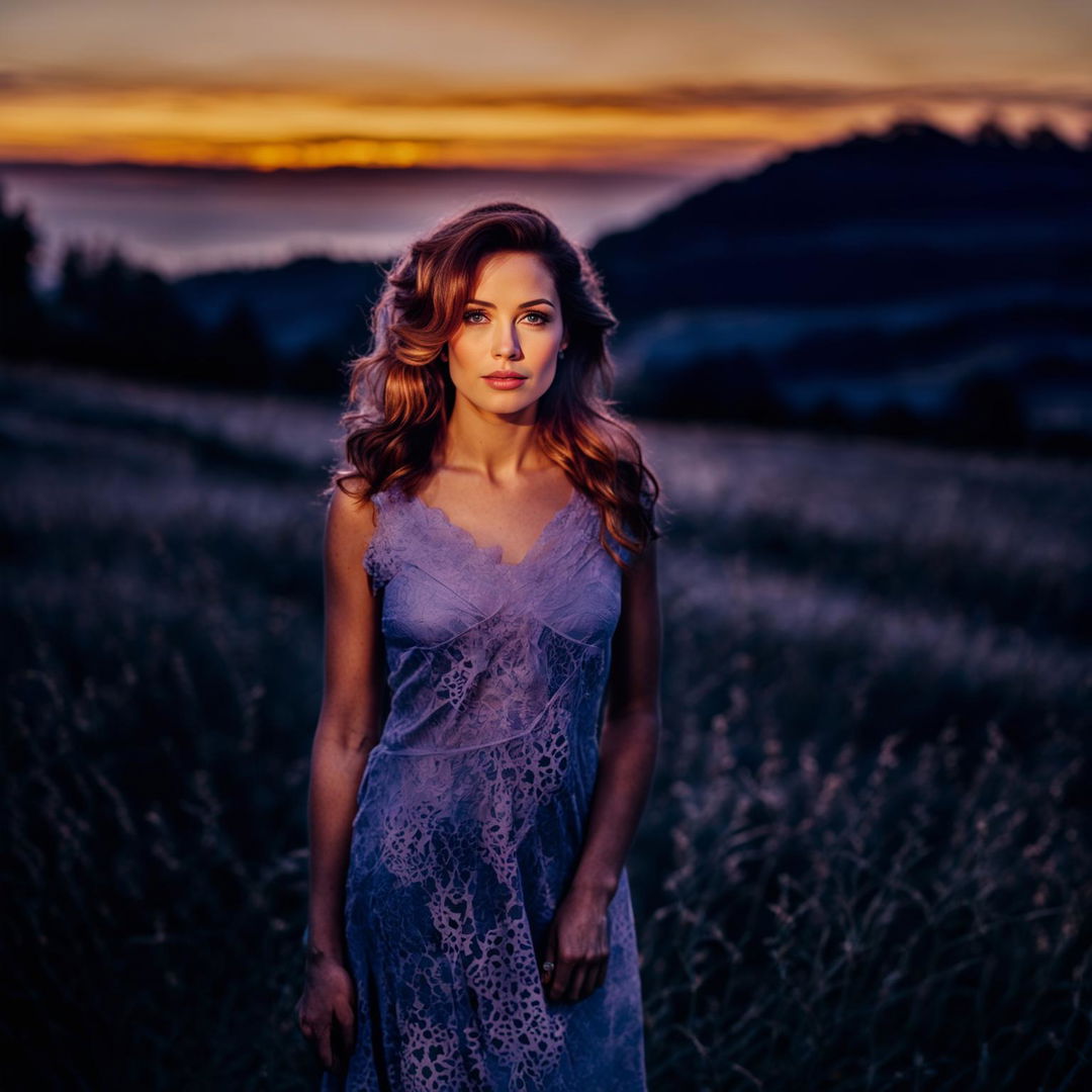 A classically beautiful woman stands in the foreground during the blue hour, her features softly illuminated by the fading light. The photograph is taken with a Nikon AF-S Nikkor 85mm f/1.4G lens.