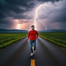 A dramatic scene featuring a lightning strike illuminating a crossroad in the countryside