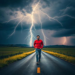 A dramatic scene featuring a lightning strike illuminating a crossroad in the countryside