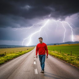 A dramatic scene featuring a lightning strike illuminating a crossroad in the countryside