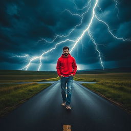 A dramatic scene featuring a lightning strike illuminating a crossroad in the countryside