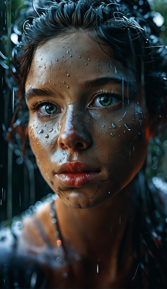 Realistic portrait of a woman with sea-green eyes and rain-speckled skin, her wet hair in dark strands against a blurred background, lit by a soft glow.